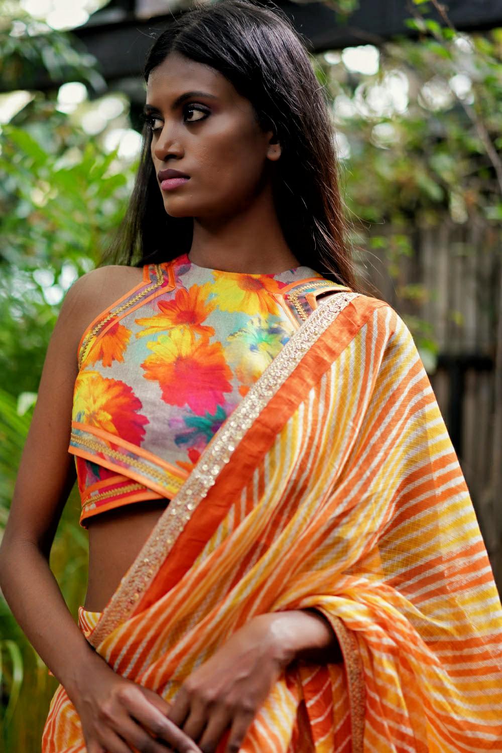 Orange multi colour handspun & pure muslin crisscross croptop - House of Blouse