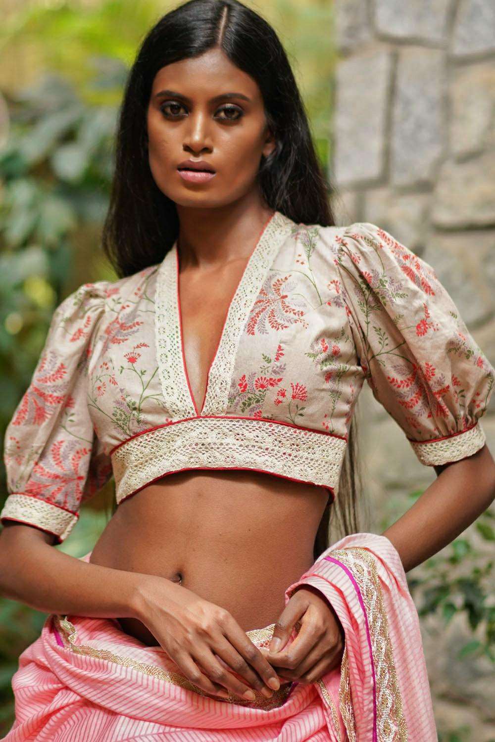 Beige floral pure cotton v neck blouse with puff sleeves - House of Blouse