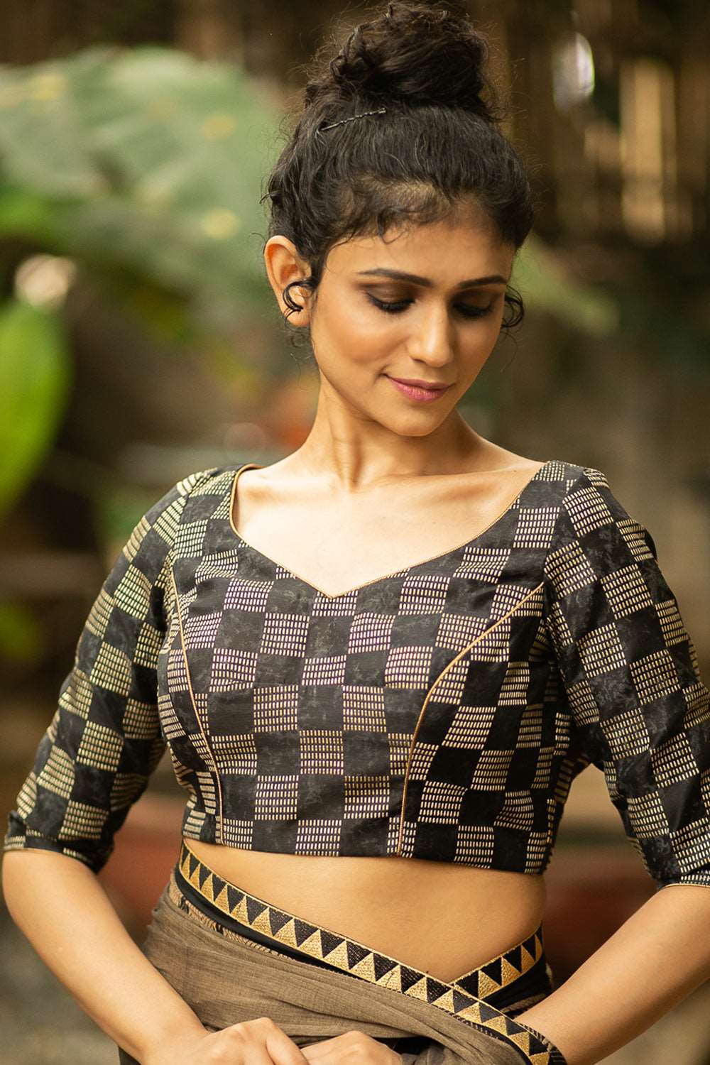 Black and gold checked foil print tie back blouse with border detailing - House of Blouse
