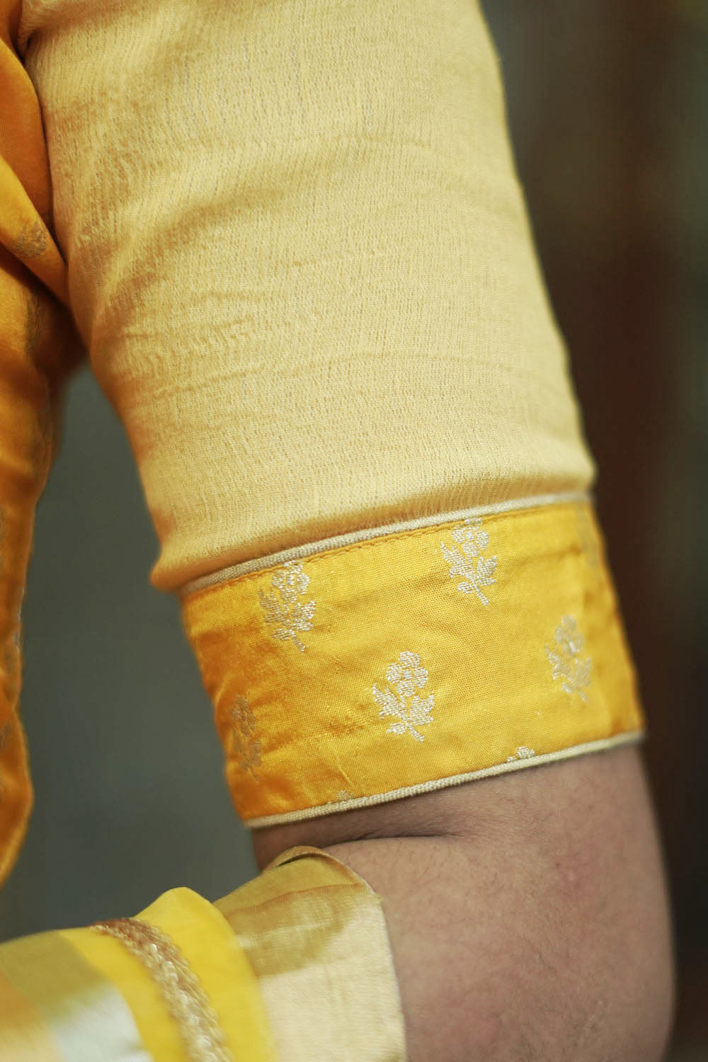 Sunshine yellow banarasi brocade with sheer yoke blouse