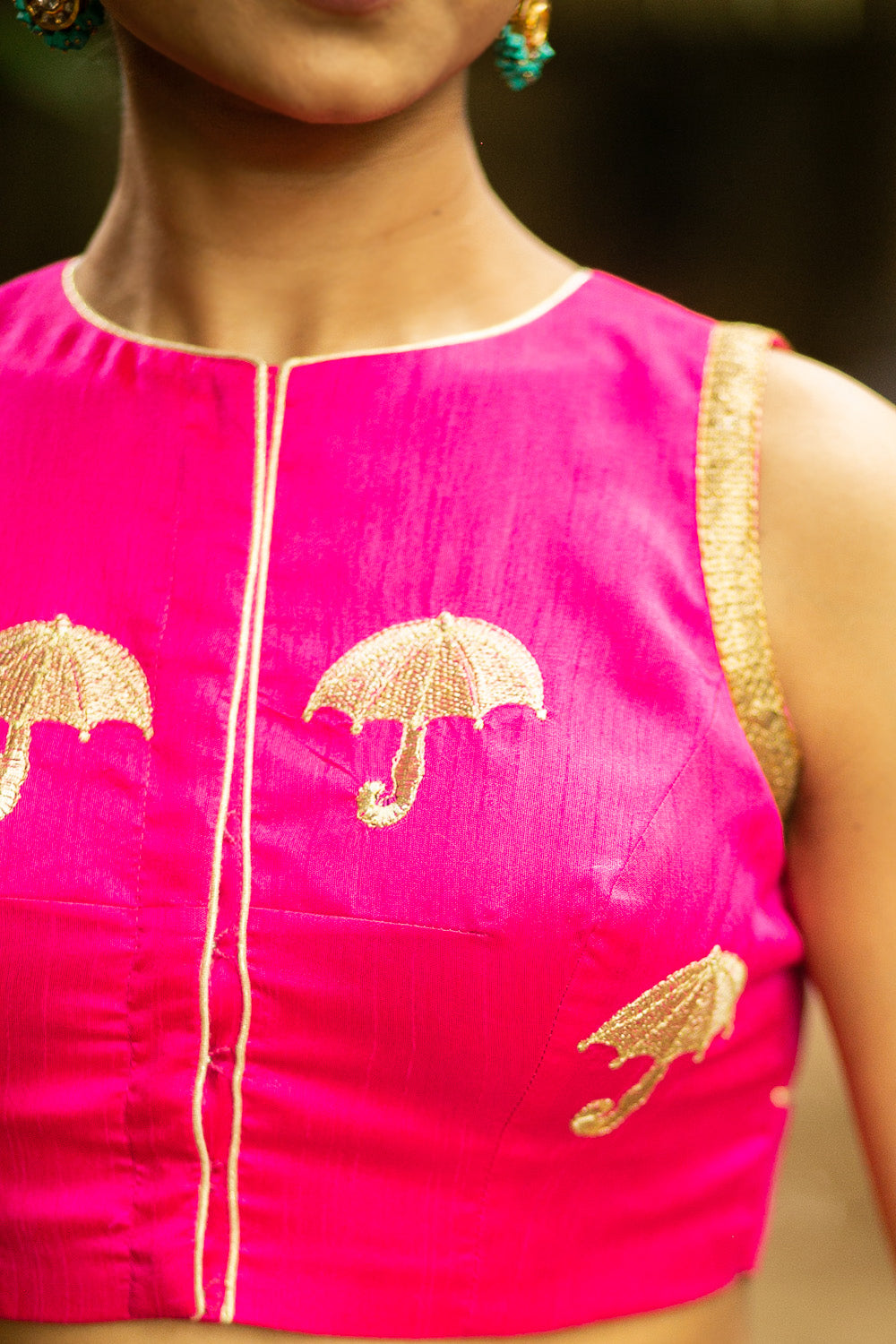 Pink raw silk sleeveless blouse with gold threadwork embroidery and gold sequin border - House of Blouse