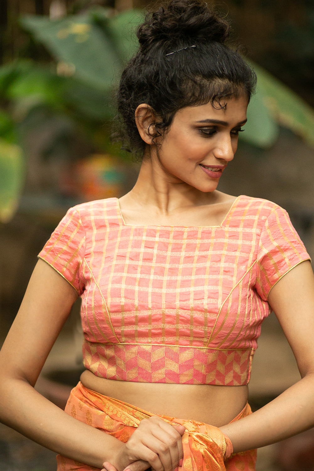 Peach and gold checked chanderi cotton silk square neck blouse with brocade border detailing - House of Blouse