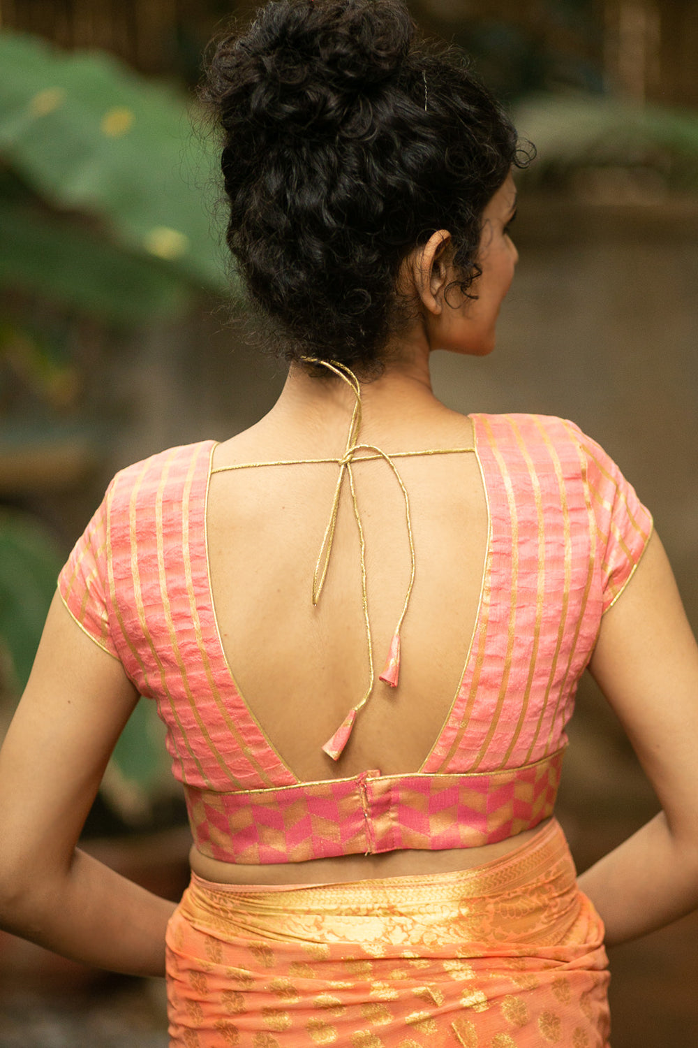 Peach and gold checked chanderi cotton silk square neck blouse with brocade border detailing - House of Blouse