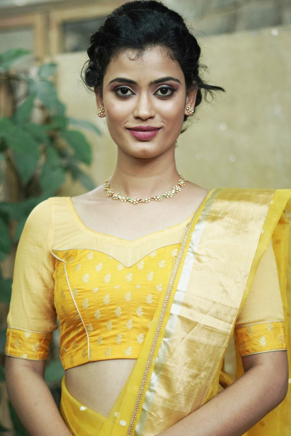 Sunshine yellow banarasi brocade with sheer yoke blouse