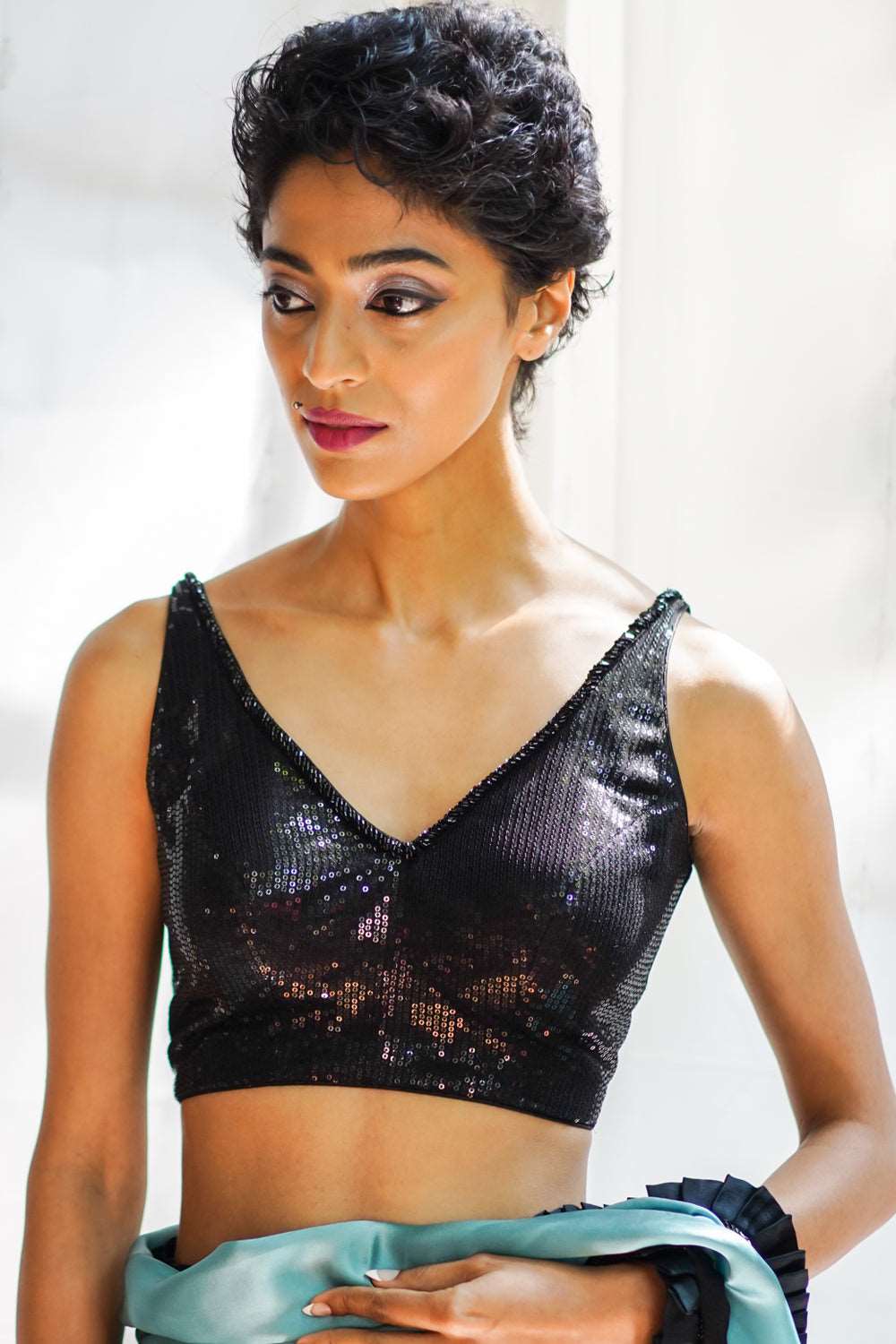 Black sequin V neck sleeveless blouse with beads detailing. - House of Blouse