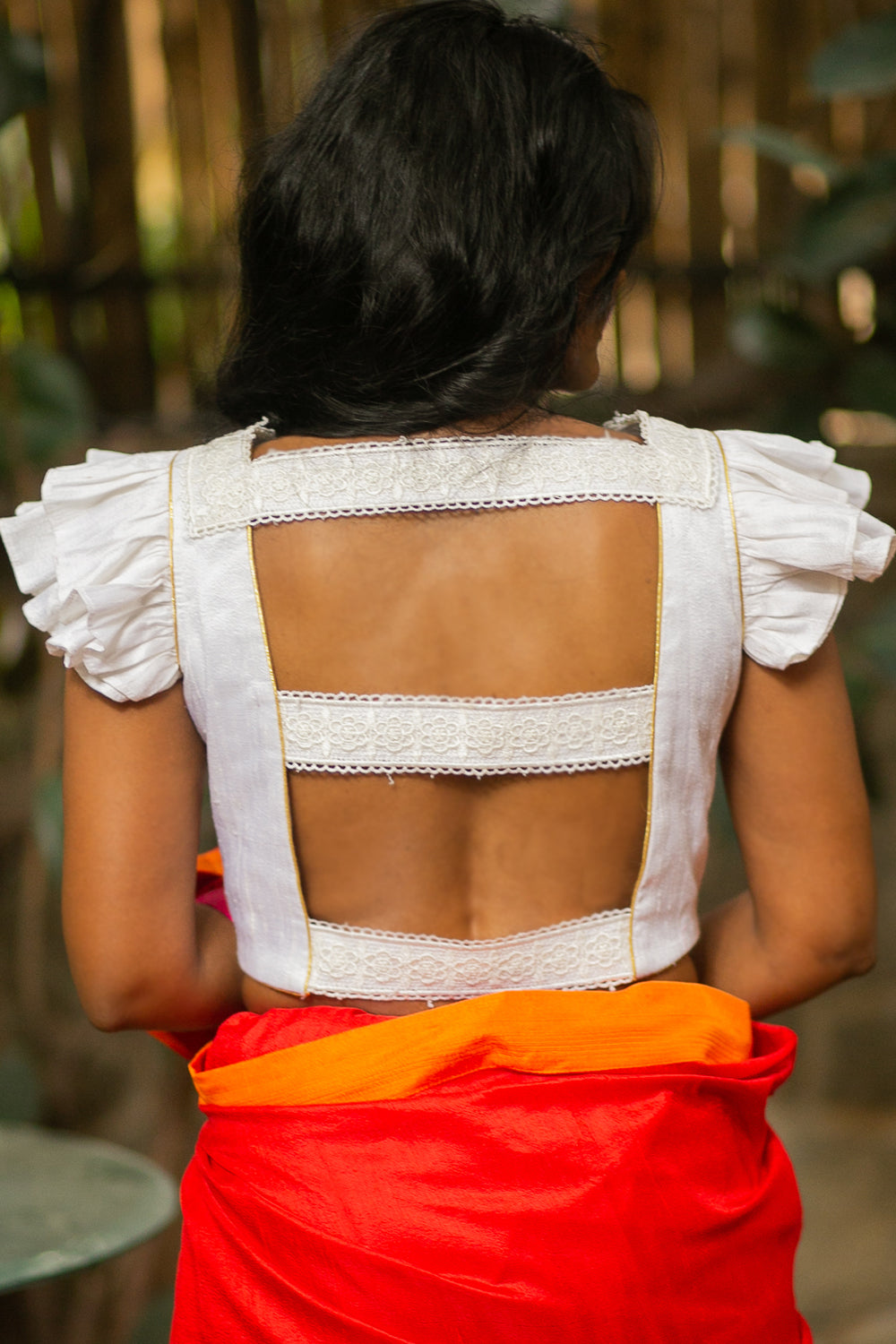 White raw silk double flutter sleeve blouse with lace detailing and gold piping - House of Blouse