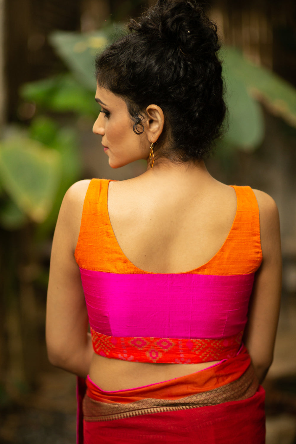 Orange and pink colour block raw silk sleeveless blouse with brocade border - House of Blouse