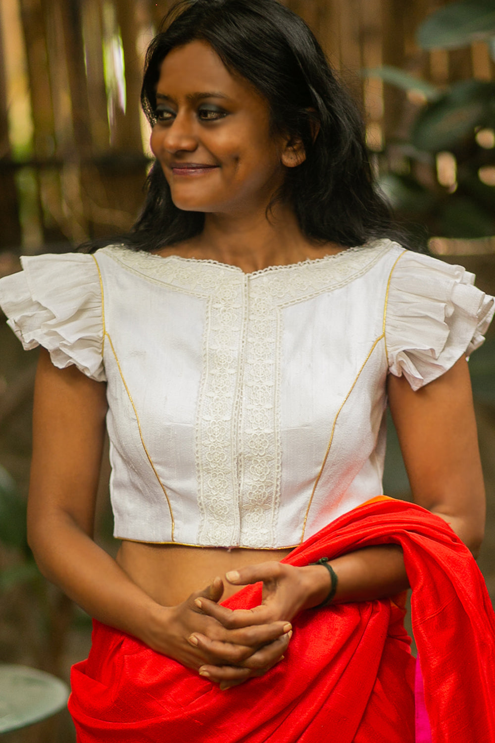 White raw silk double flutter sleeve blouse with lace detailing and gold piping - House of Blouse