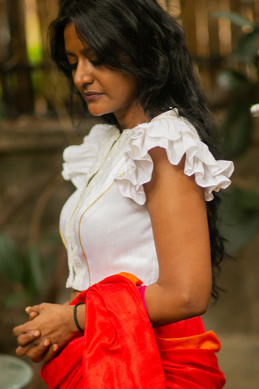 White raw silk double flutter sleeve blouse with lace detailing and gold piping - House of Blouse