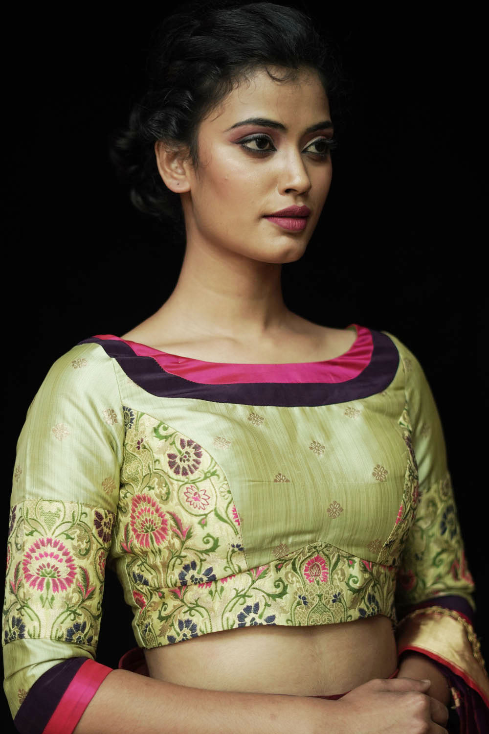 Pista green round neck banarasi brocade blouse with back detailing