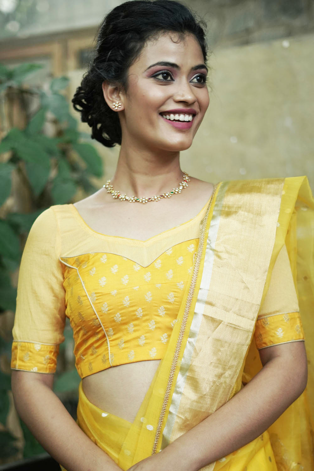 Sunshine yellow banarasi brocade with sheer yoke blouse