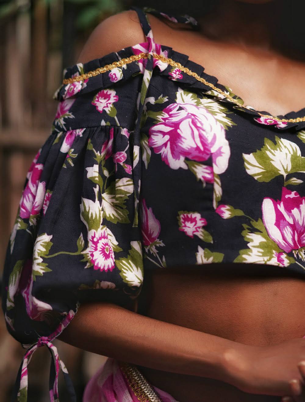 Black and pink floral handspun & pure muslin cold shoulder blouse - House of Blouse