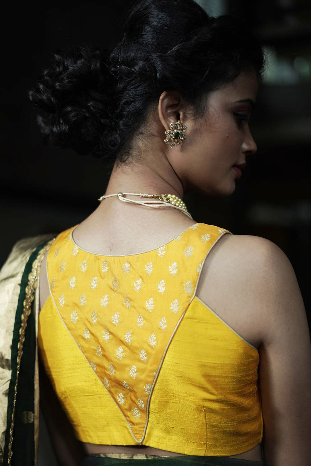 Sunshine yellow banarasi brocade and yellow raw silk racer back blouse