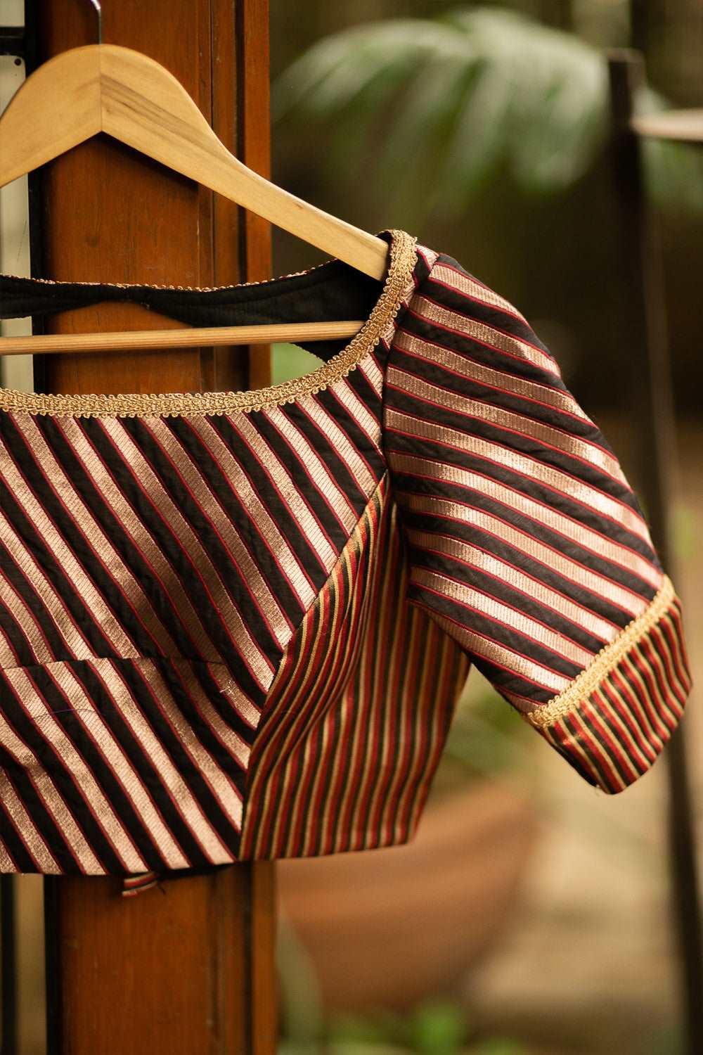 Black, red and gold striped brocade boatneck blouse - House of Blouse
