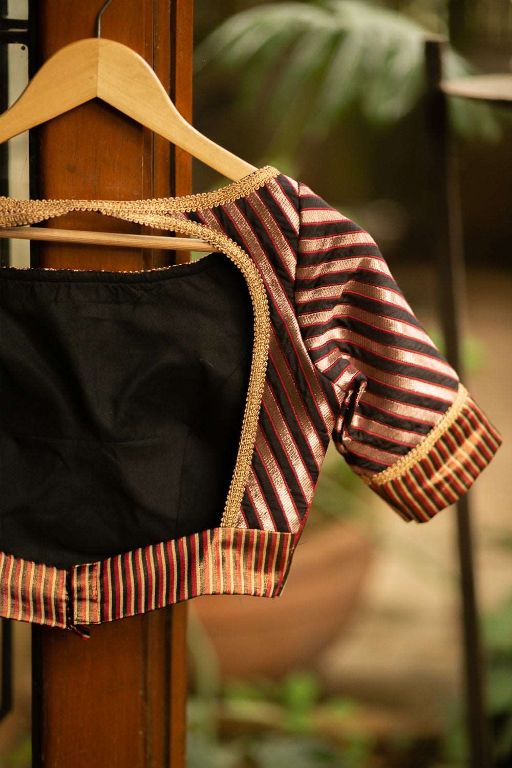 Black, red and gold striped brocade boatneck blouse - House of Blouse