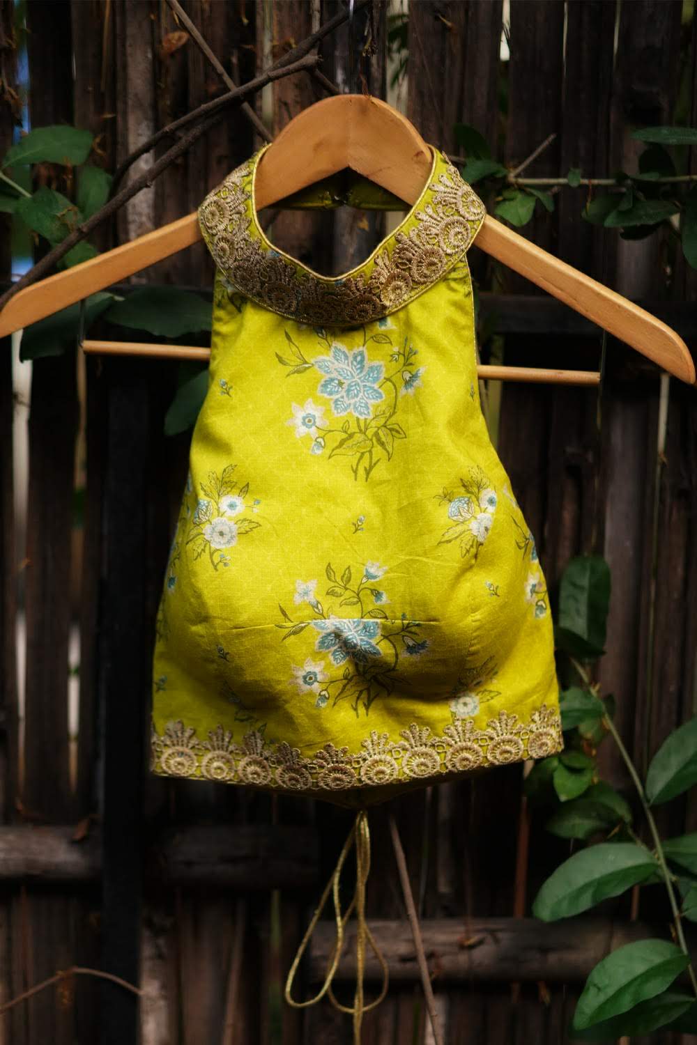 Lemon yellow floral printed pure cotton halter neck blouse - House of Blouse