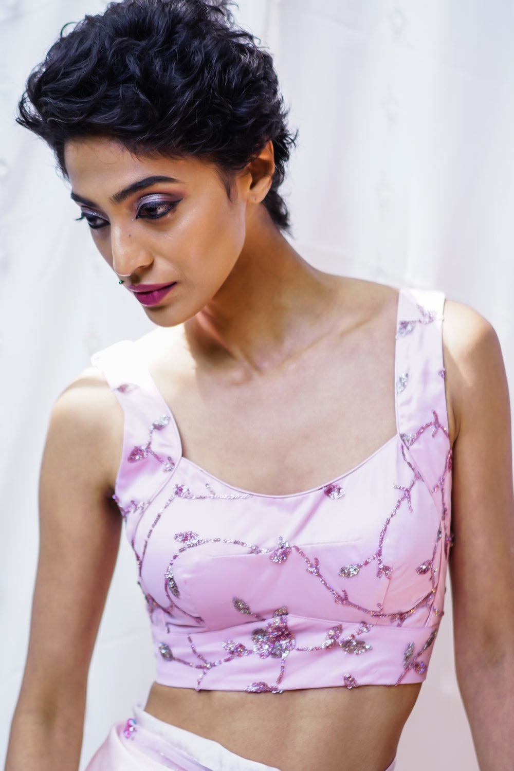 Baby pink net sequin square neck sleeveless blouse. - House of Blouse