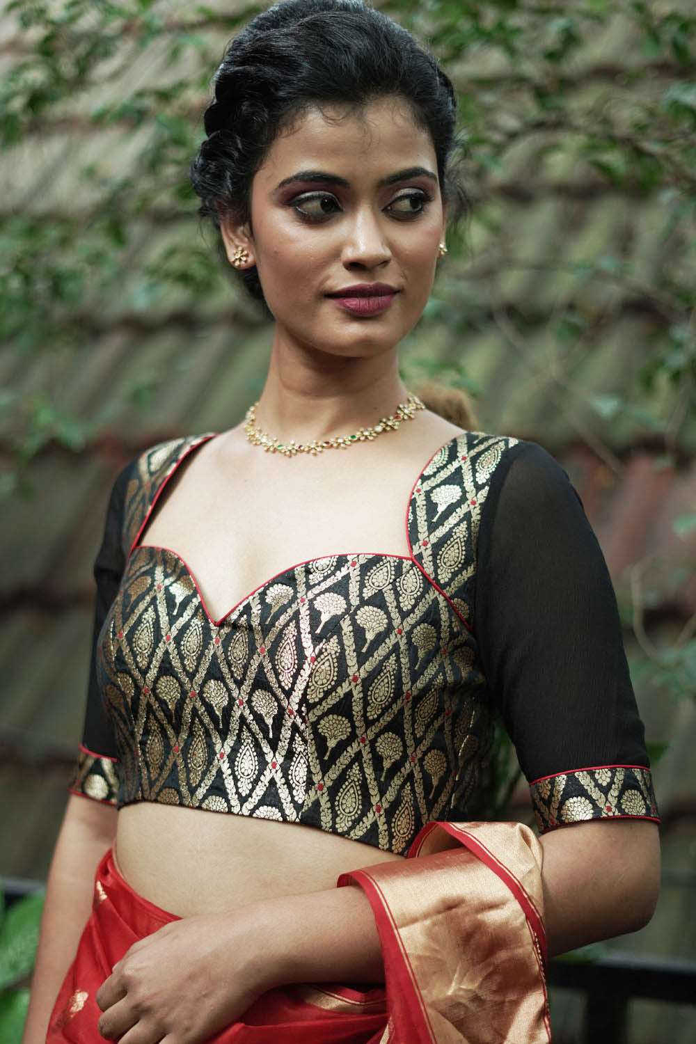 Black banarasi brocade sweetheart neck blouse with chiffon sleeves
