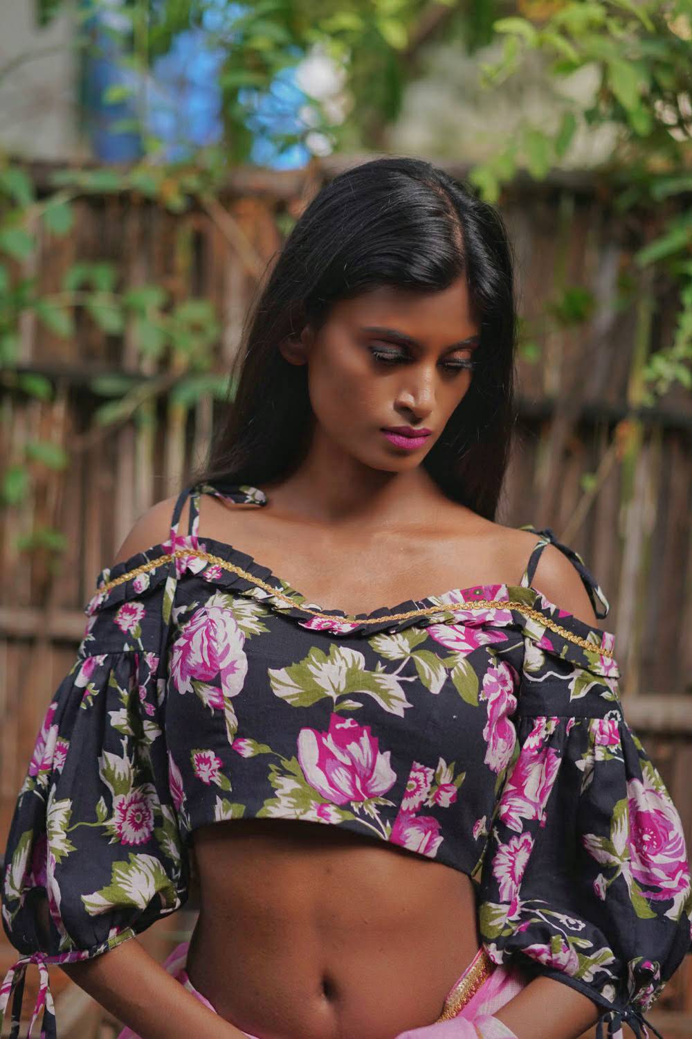 Black and pink floral handspun & pure muslin cold shoulder blouse - House of Blouse