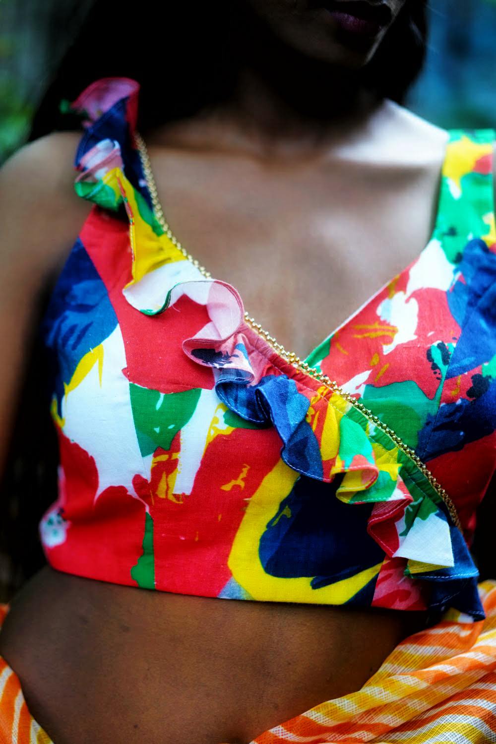 Painterly floral handspun & pure muslin v neck and frill blouse - House of Blouse