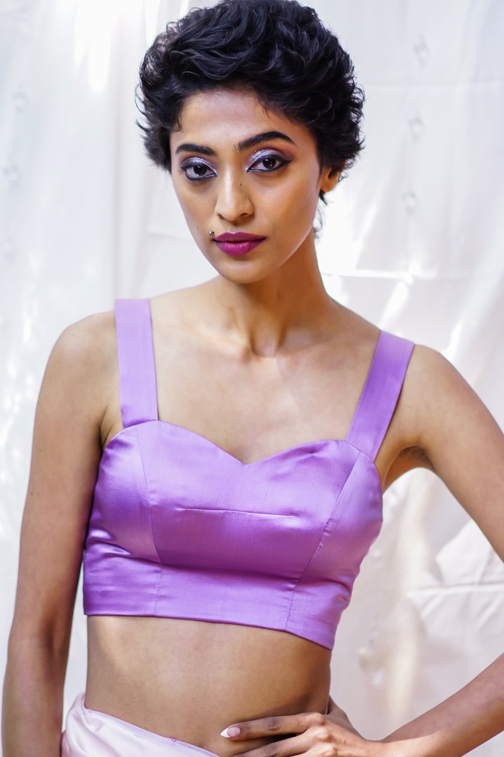 Lilac pure satin Sweetheart neck blouse with criss cross tie back - House of Blouse