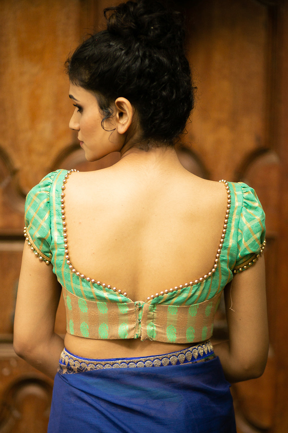 Sea green and gold brocade two fabric bustier blouse with puff sleeves and gold bead edging - House of Blouse