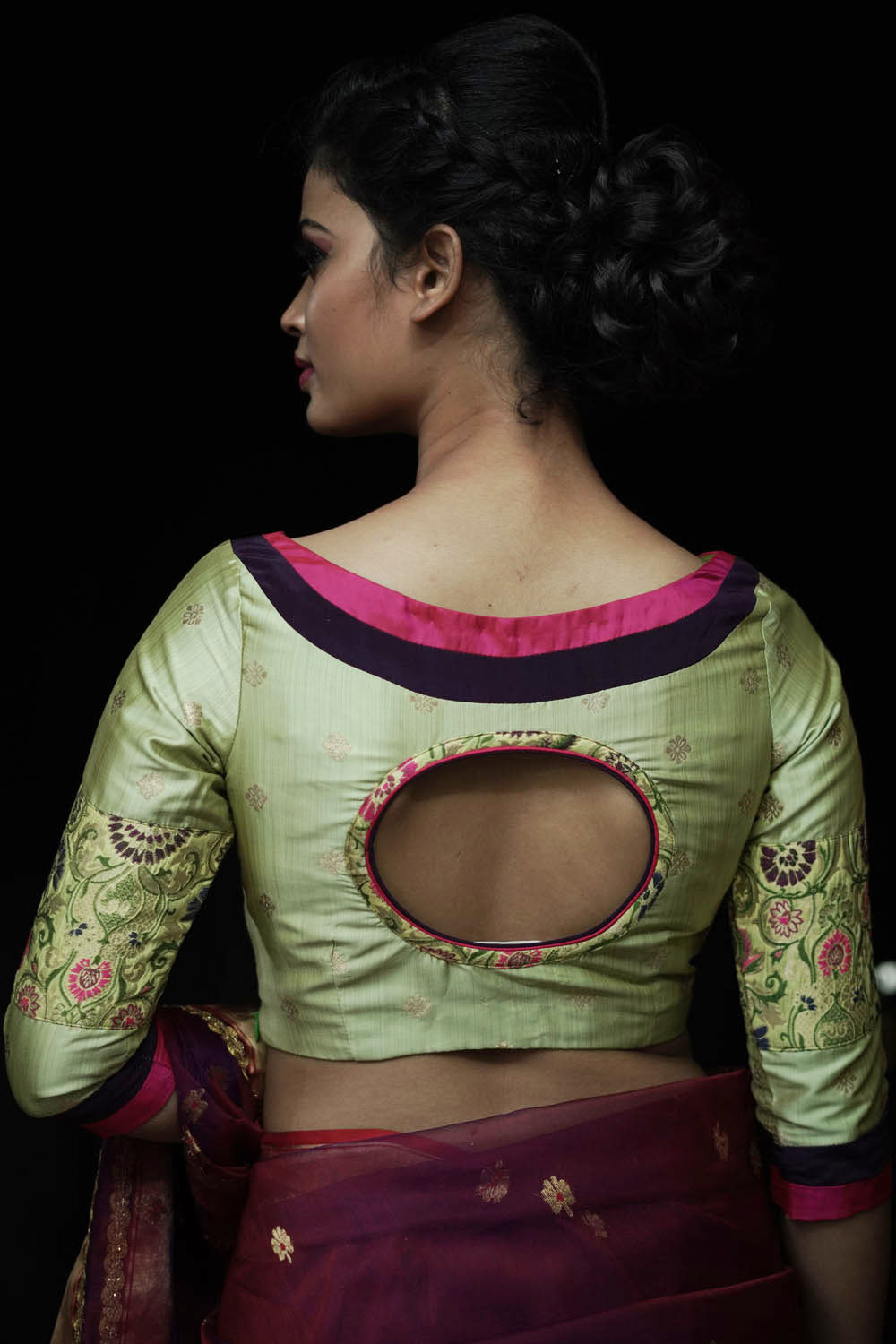 Pista green round neck banarasi brocade blouse with back detailing