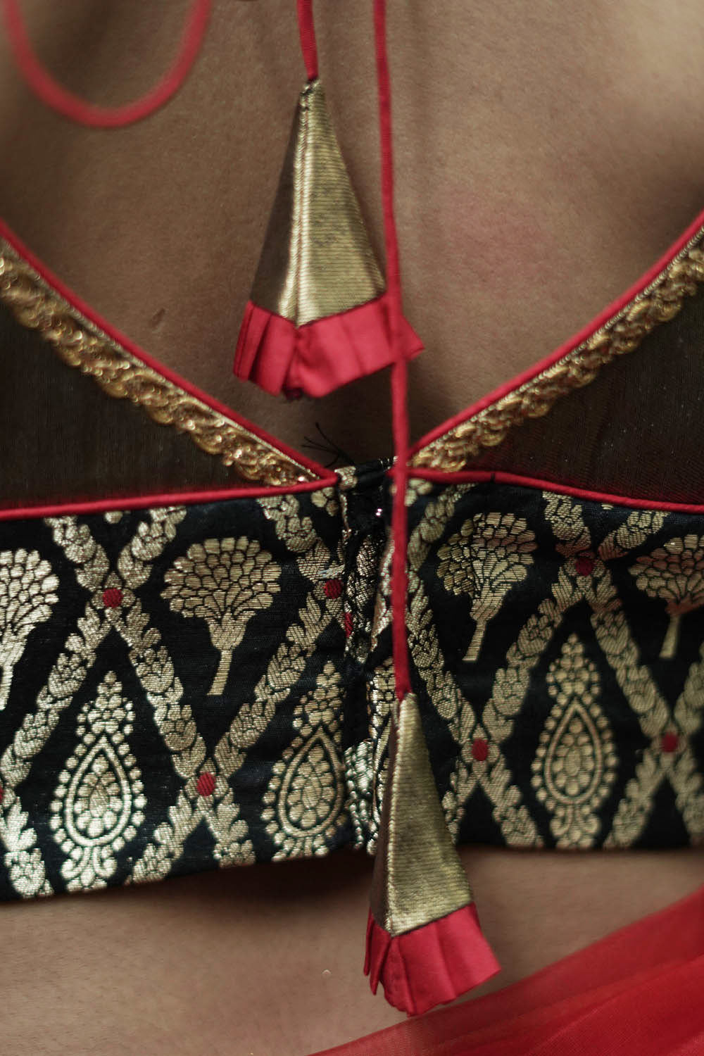 Gold tissue with black banarasi brocade V neck blouse
