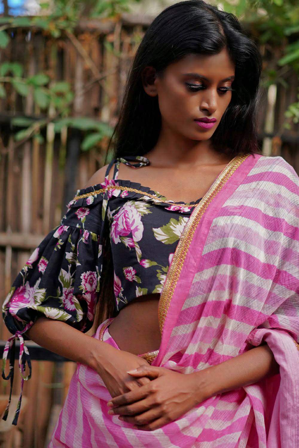 Black and pink floral handspun & pure muslin cold shoulder blouse - House of Blouse