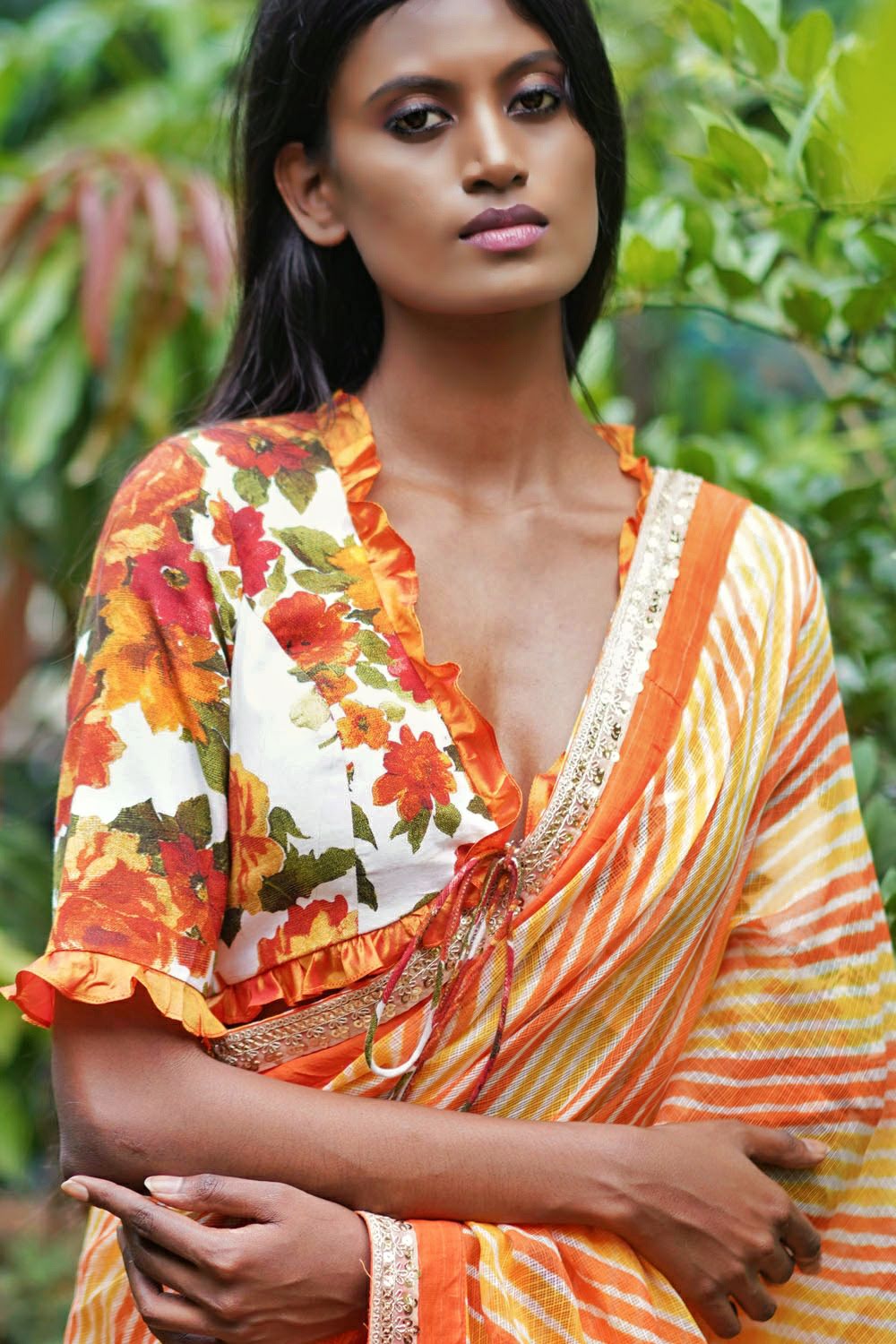 Off white and orange floral handspun & pure muslin v neck blouse with frill detailing - House of Blouse