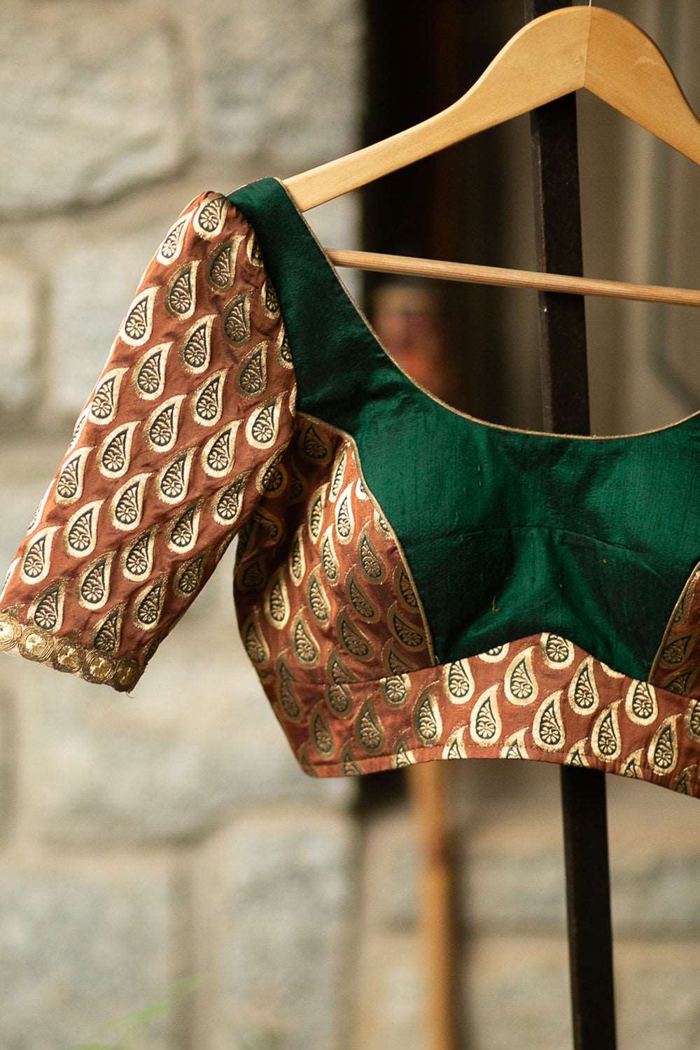 Dark green raw silk and brown brocade two fabric blouse with puff sleeves - House of Blouse