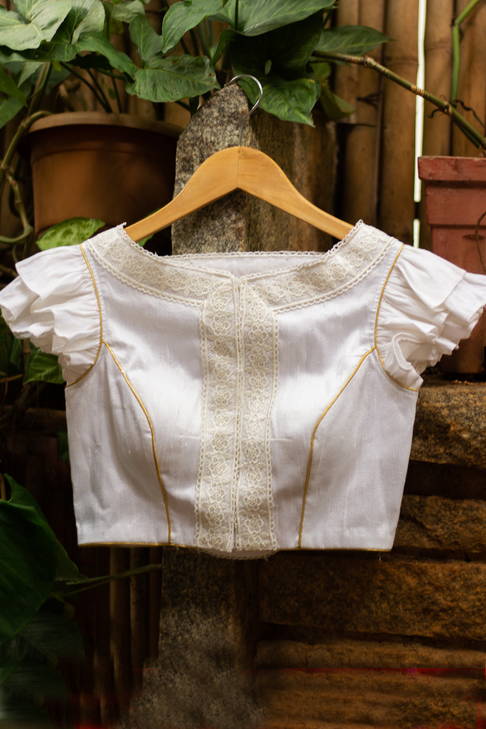 White raw silk double flutter sleeve blouse with lace detailing and gold piping - House of Blouse