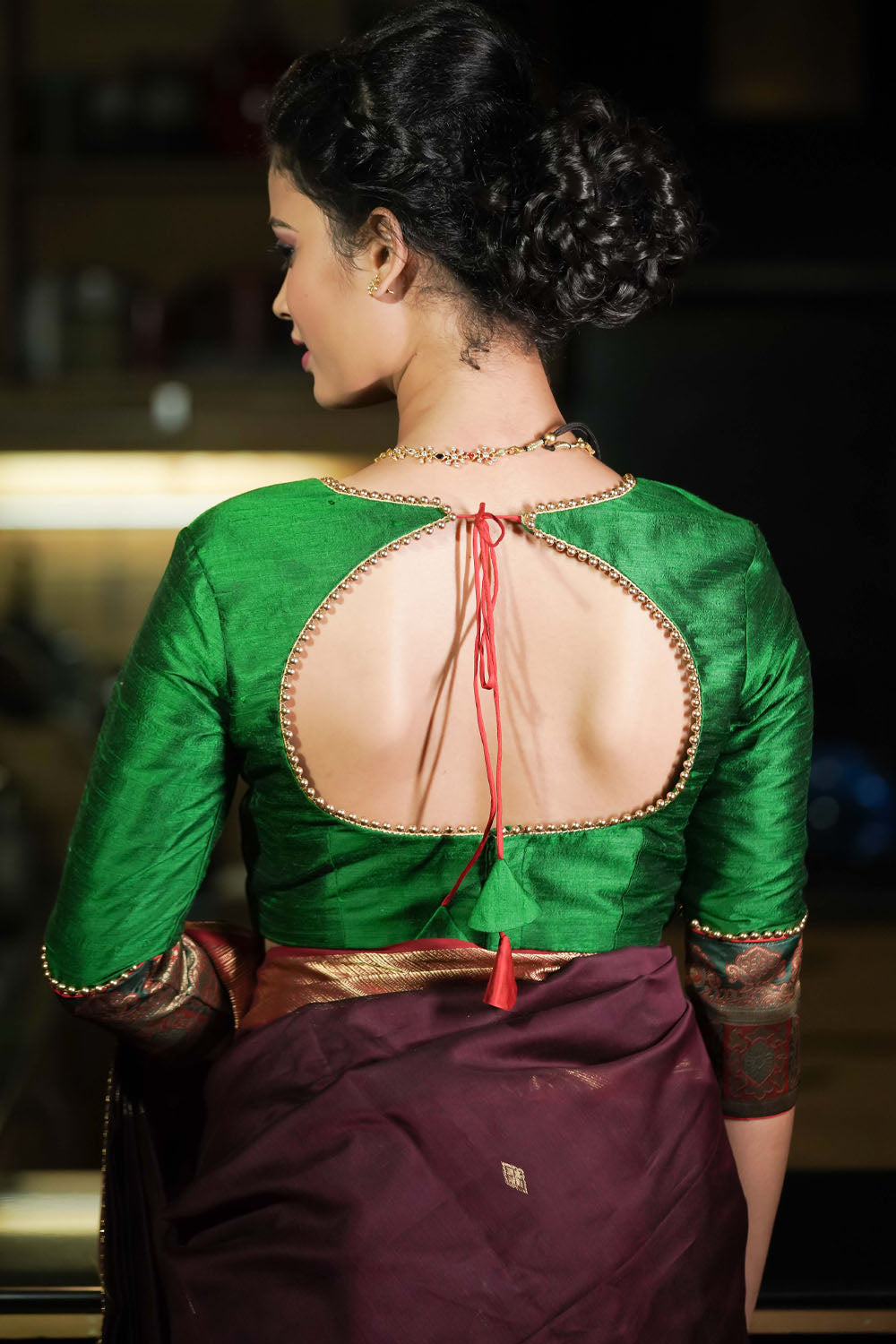 Emerald green raw silk pot neck blouse