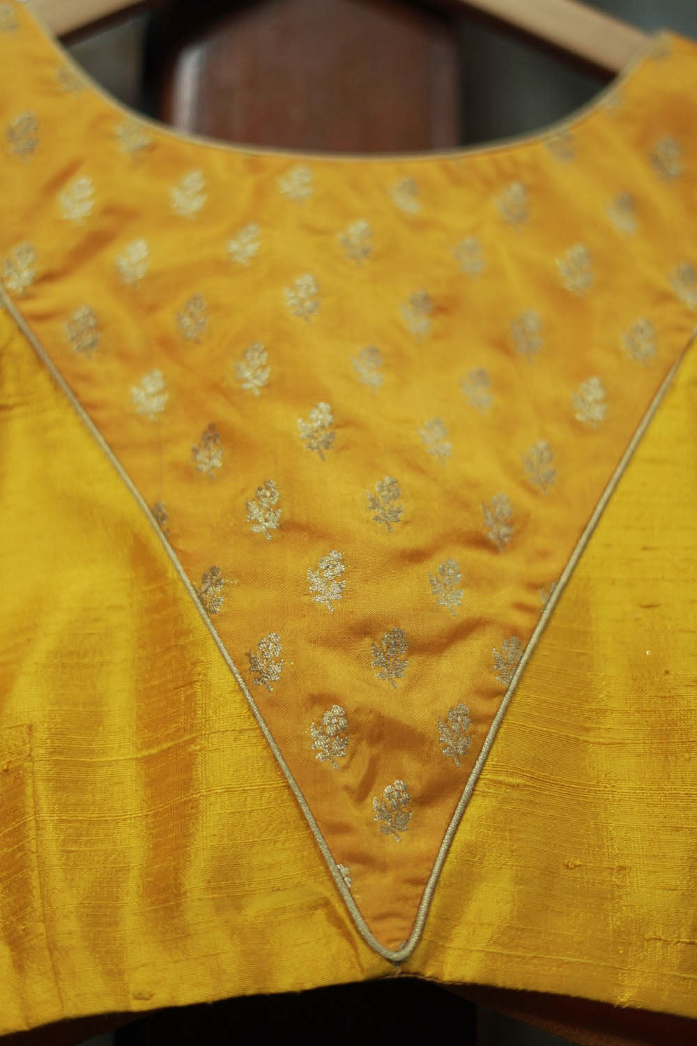 Sunshine yellow banarasi brocade and yellow raw silk racer back blouse