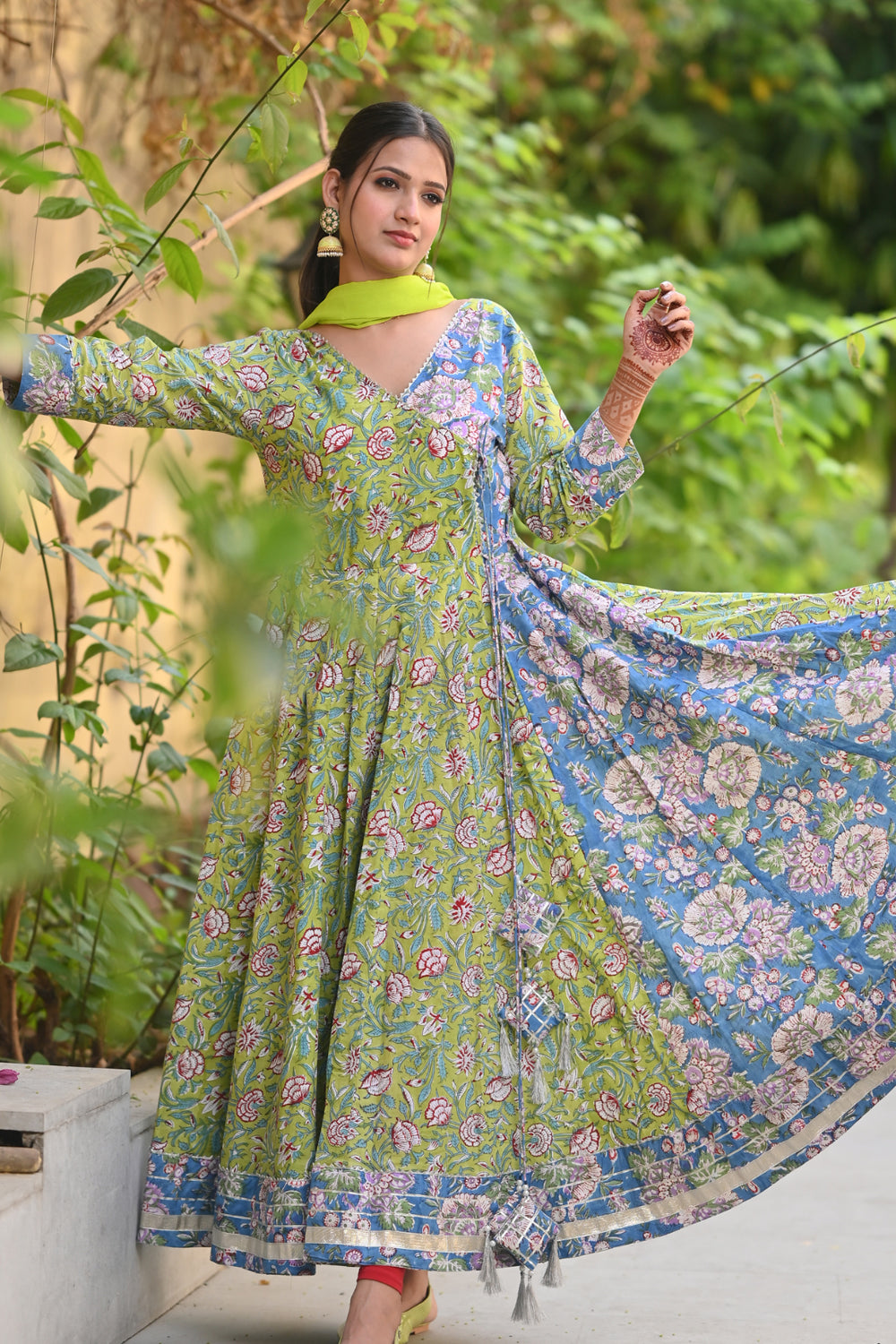 Stunning 6 Meter Flare Lime Green and Ferozi Angrakha Anarkali 3 Piece Set | Made To Order