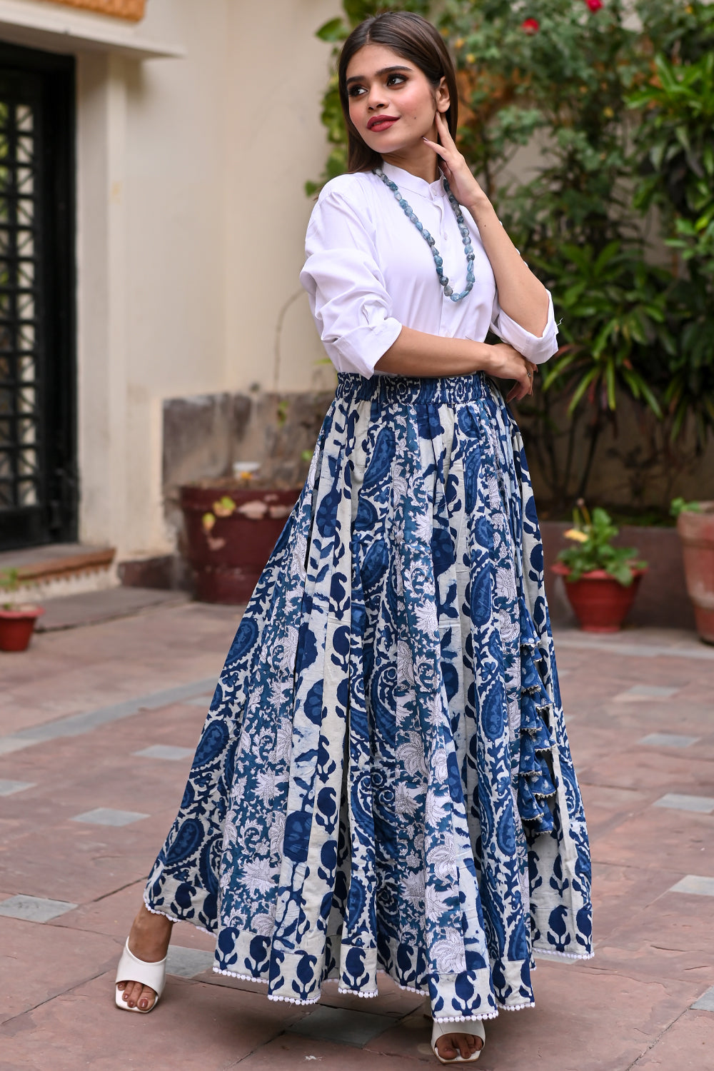 Indigo Kalidaar Skirt in Hand Block Printed Pure Cotton | Custom Gowns | Made To Order
