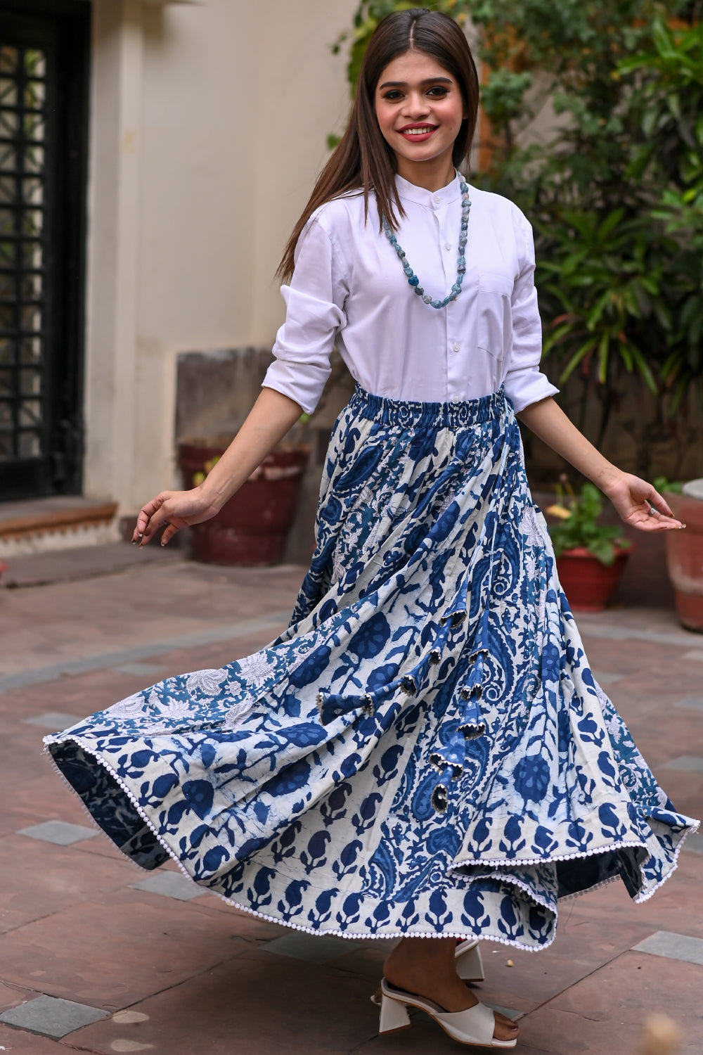 Indigo Kalidaar Skirt in Hand Block Printed Pure Cotton | Custom Gowns | Made To Order