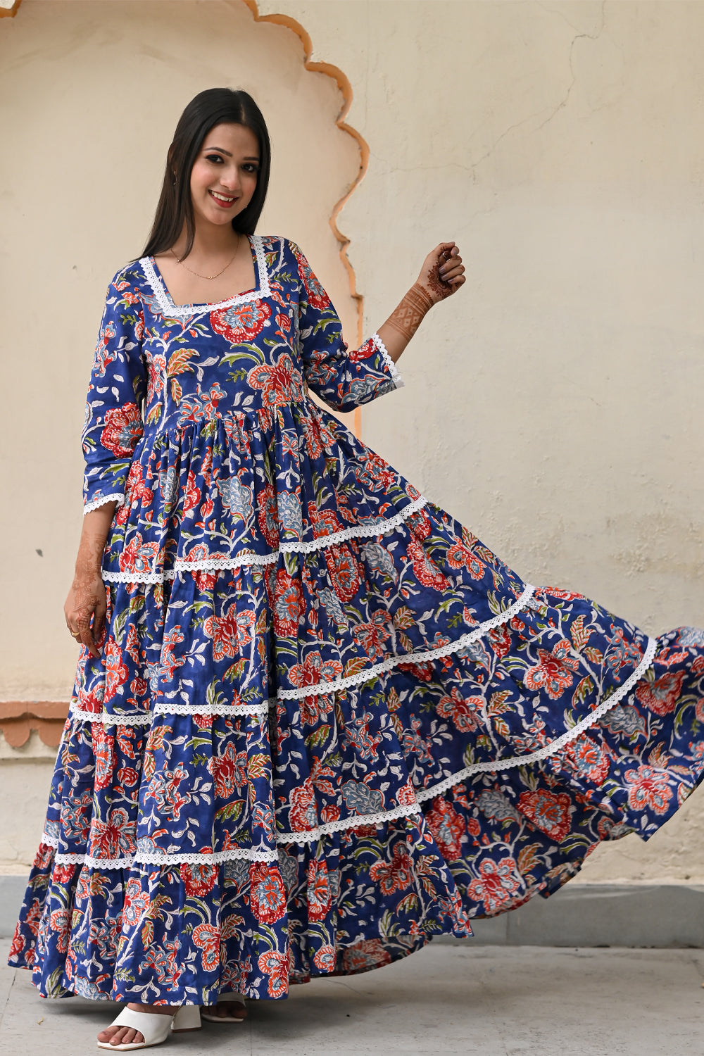 8 Meter Flare Mediterranean Blue Tiered Long Dress For Women | Custom Gowns | Made to Order
