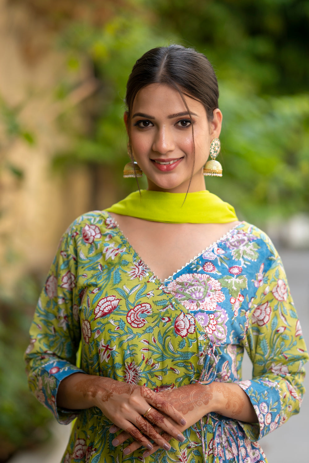 Stunning 6 Meter Flare Lime Green and Ferozi Angrakha Anarkali 3 Piece Set | Made To Order