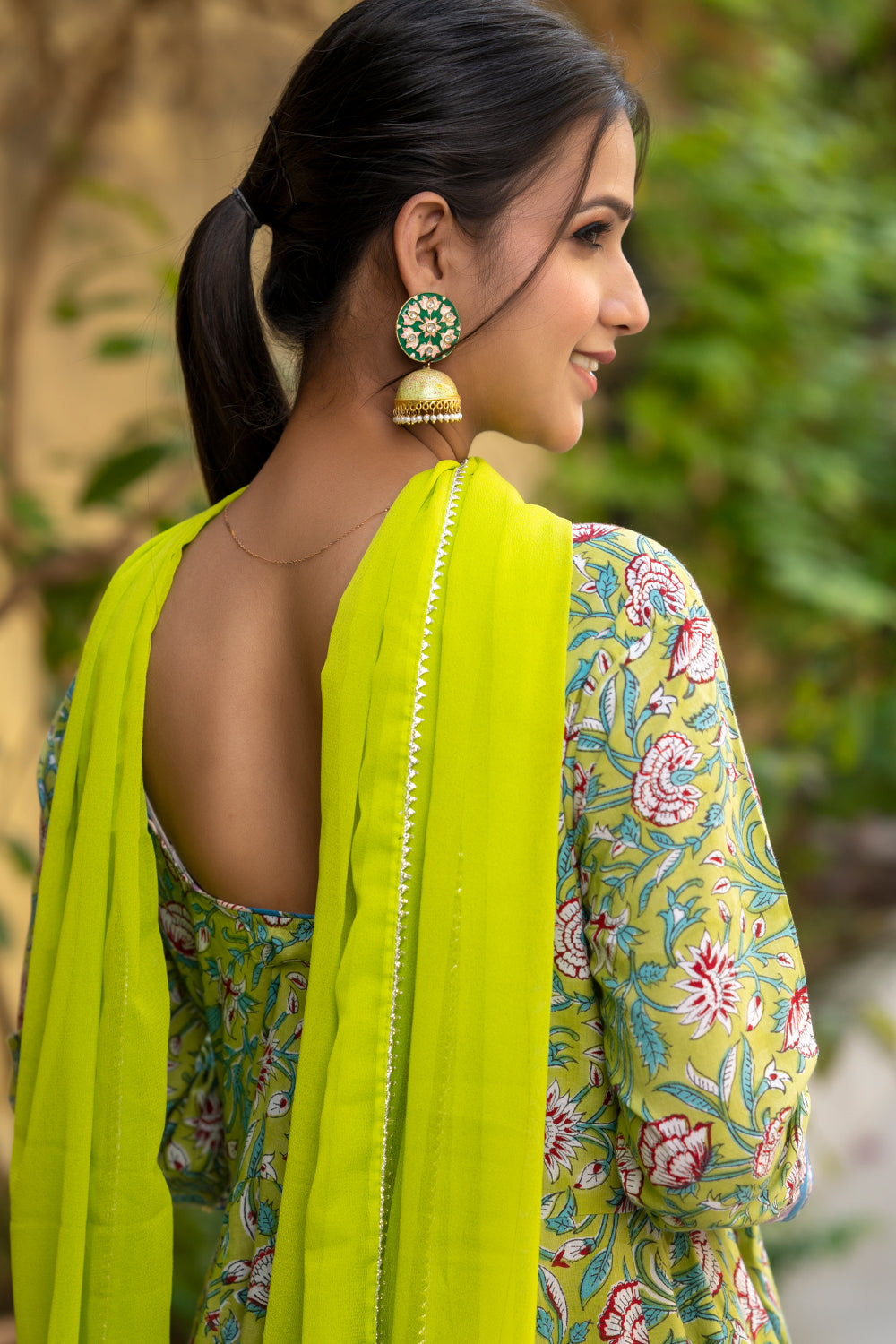 Stunning 6 Meter Flare Lime Green and Ferozi Angrakha Anarkali 3 Piece Set | Made To Order