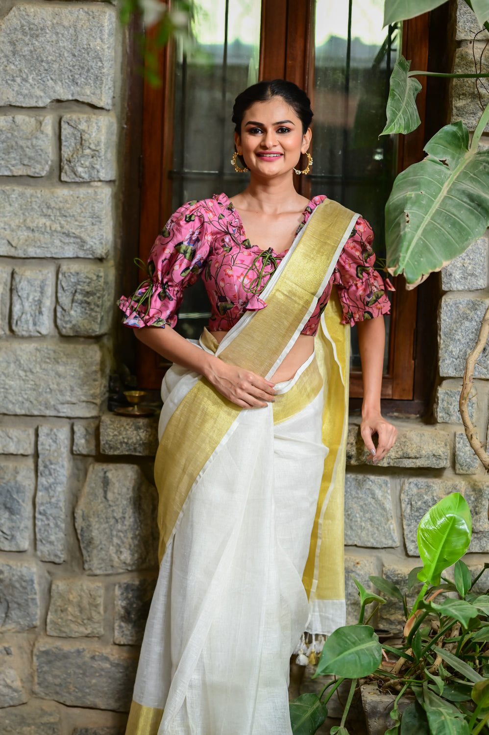 Off White and Muted Gold linen saree