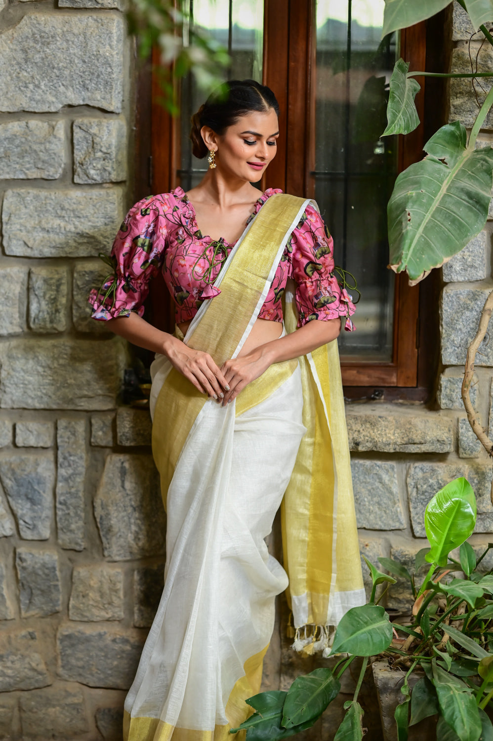 Off White and Muted Gold linen saree