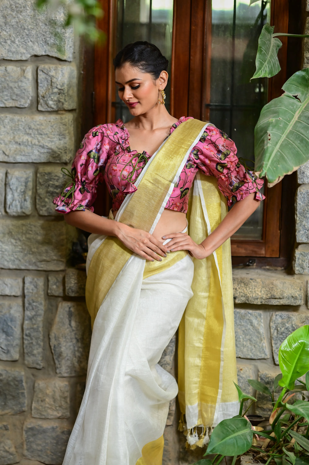 Off White and Muted Gold linen saree