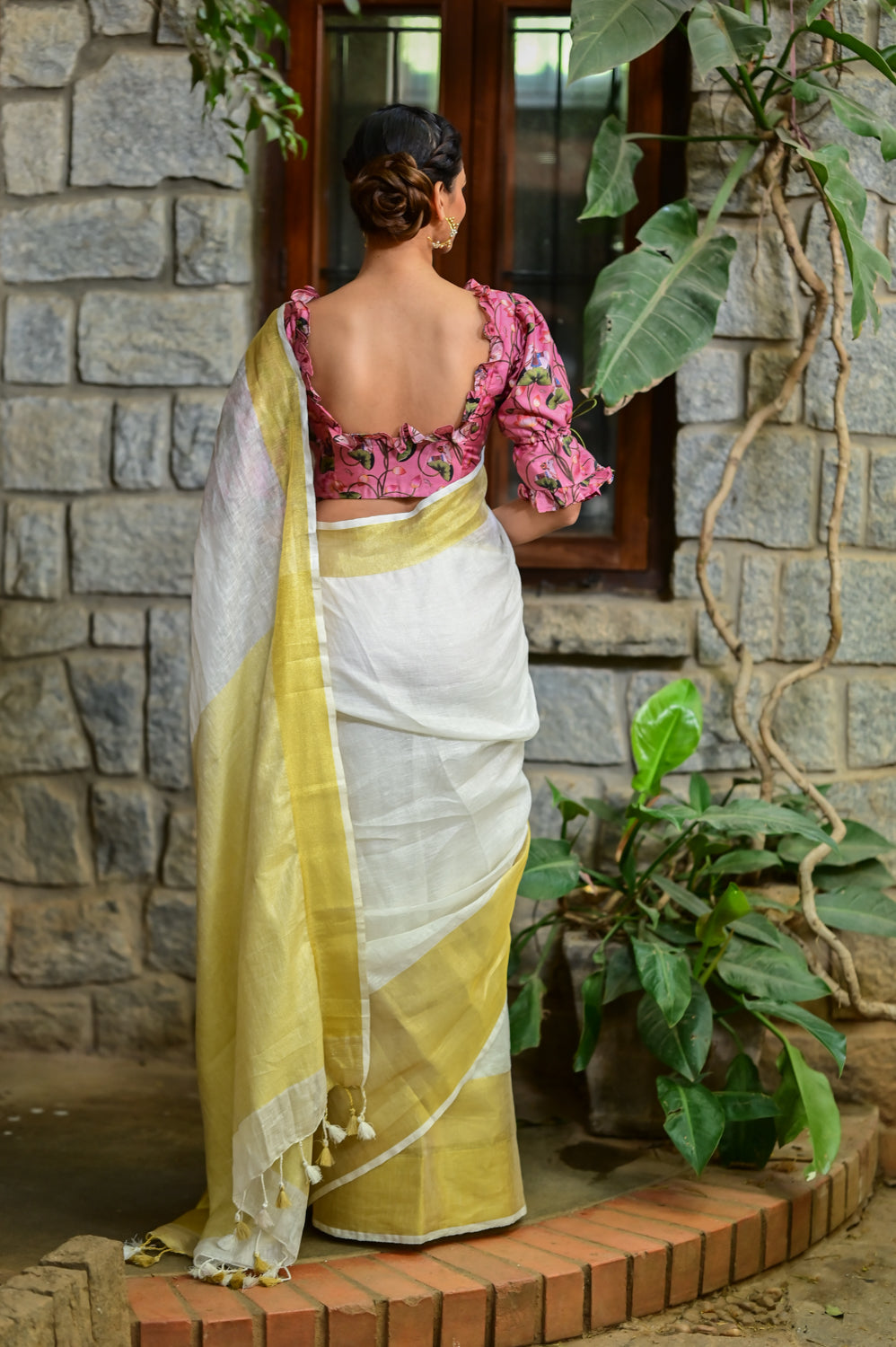 Off White and Muted Gold linen saree