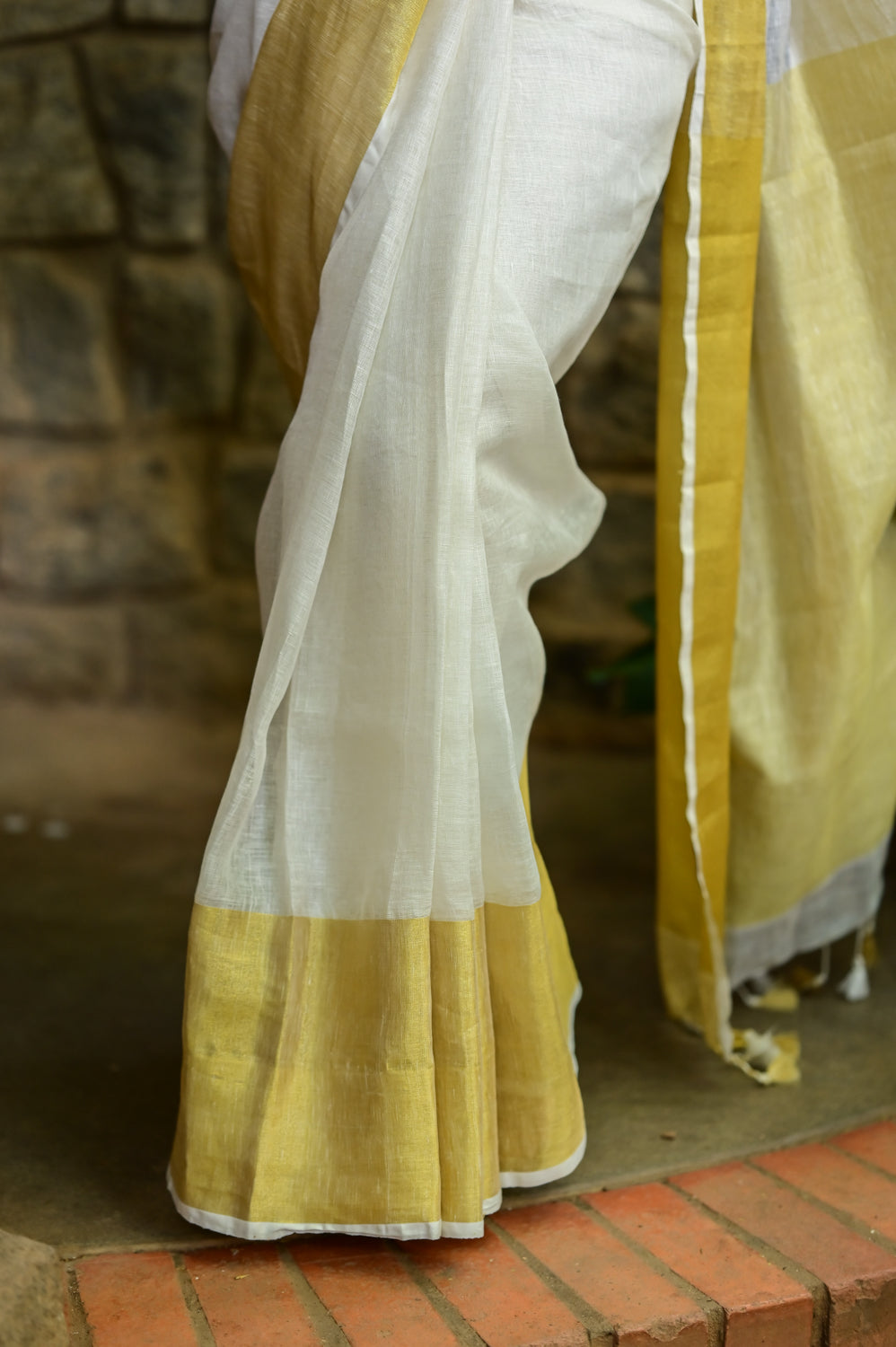 Off White and Muted Gold linen saree