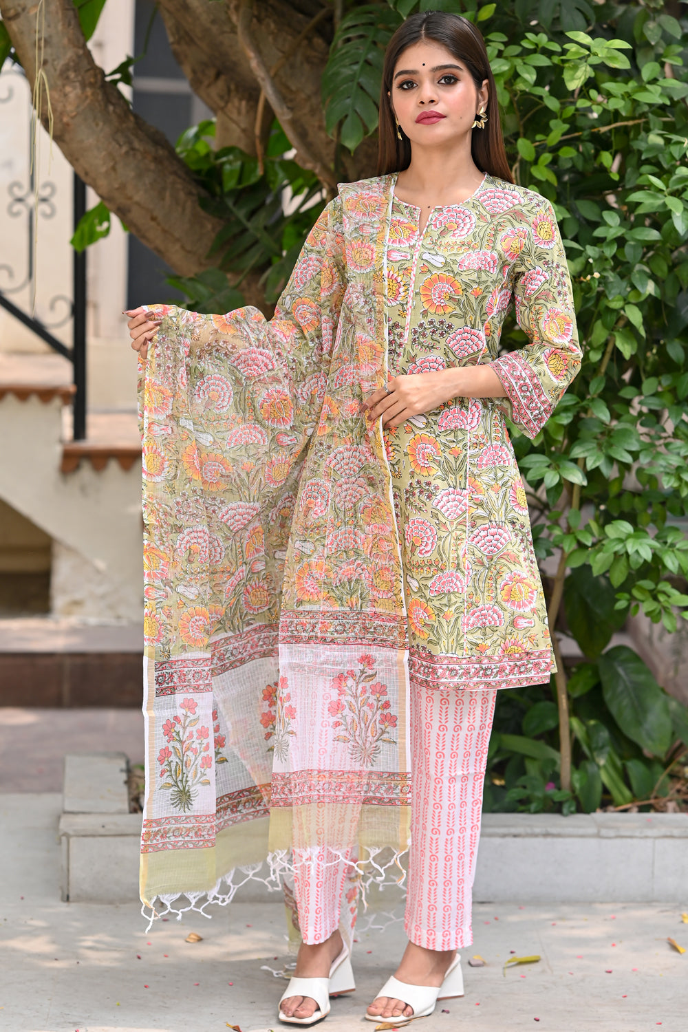 Pastel Olive and Pink Marigold Florals Hand Block Print on Pure Cotton 3 piece Salwar kameez set |  Custom Gowns | Made to Order