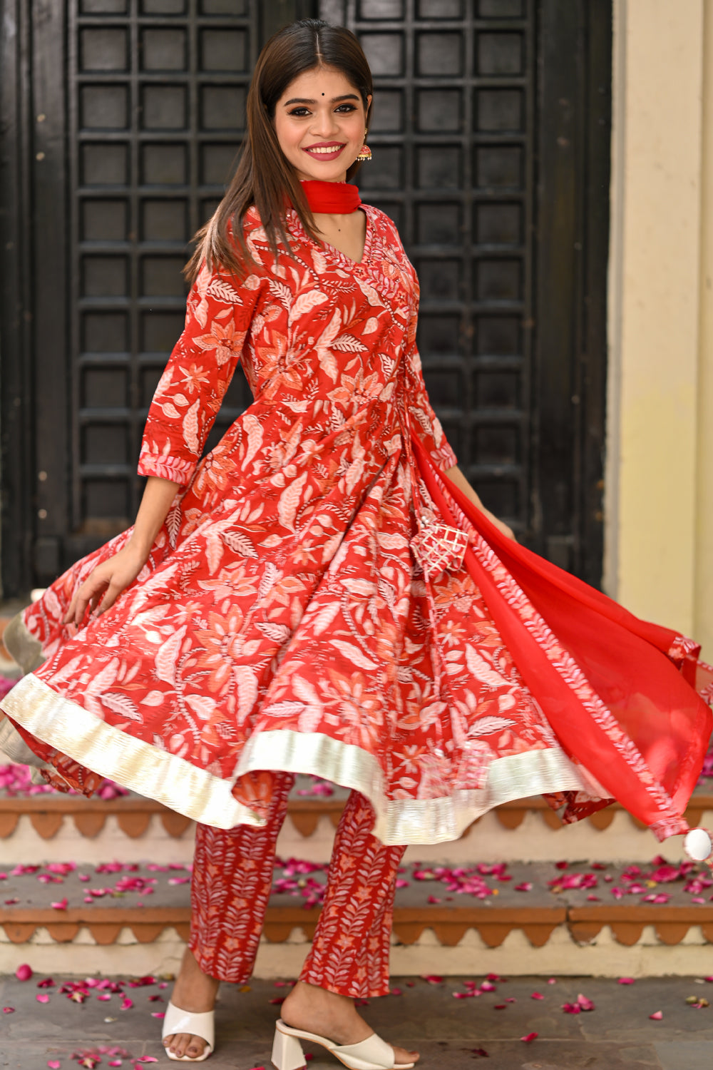5 Meter Ghera Red and Peach Block Printed 3 Piece Anarkali Suit For Women | Custom Gowns | Made to Order