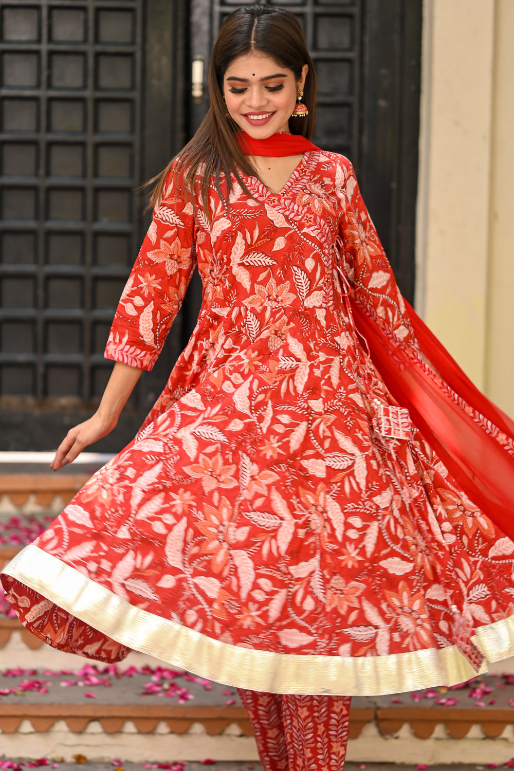 5 Meter Ghera Red and Peach Block Printed 3 Piece Anarkali Suit For Women | Custom Gowns | Made to Order