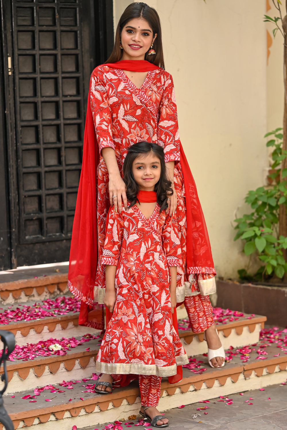 Little Girl Red and Peach Block Printed 3 Piece Anarkali Suit |Custom Gowns | Made to Order
