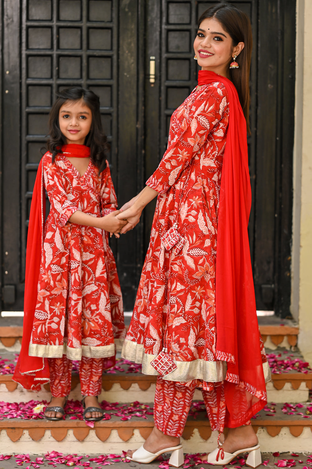 Little Girl Red and Peach Block Printed 3 Piece Anarkali Suit |Custom Gowns | Made to Order